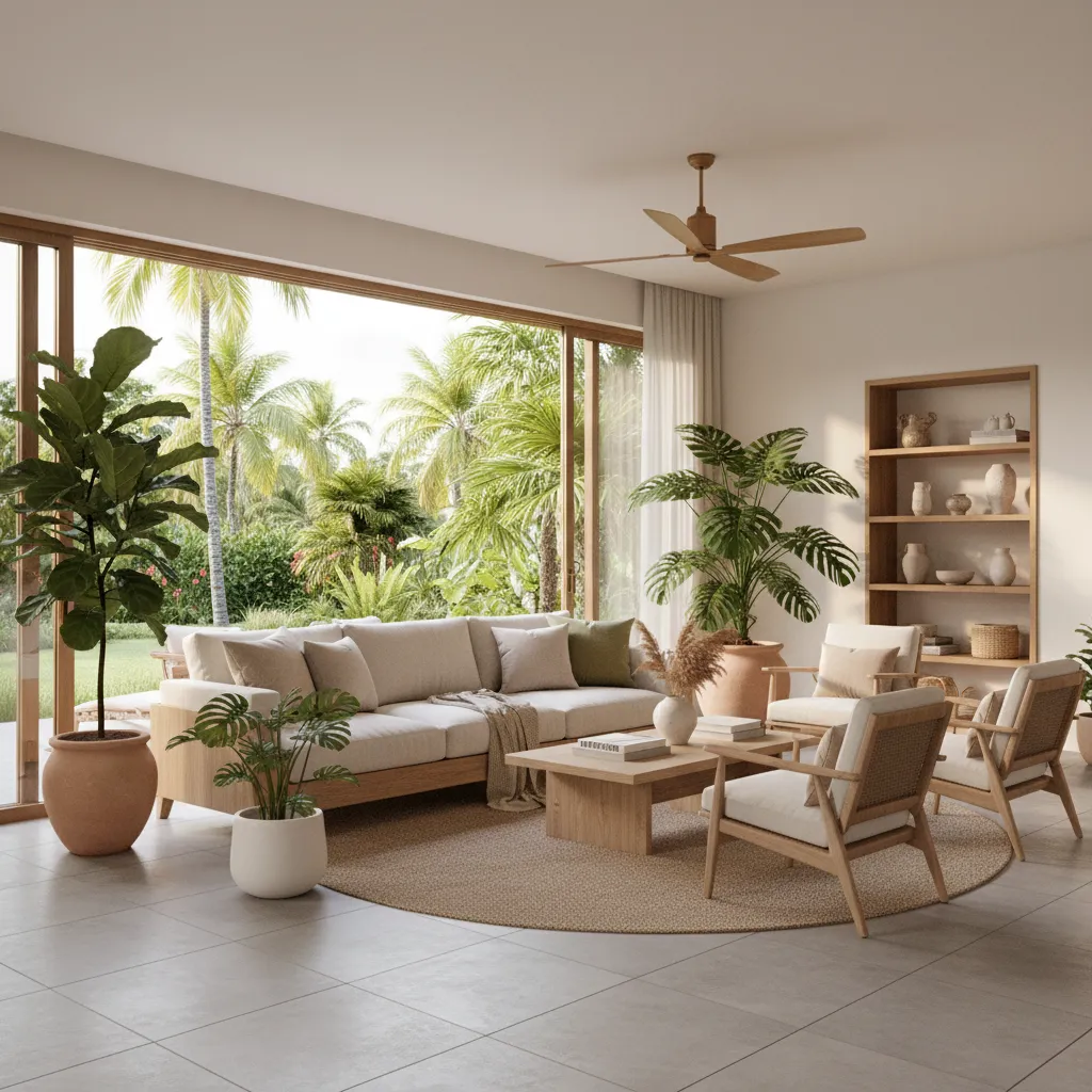 Tropical living room with beige sofa wooden chairs green plants and sunny palm tree view