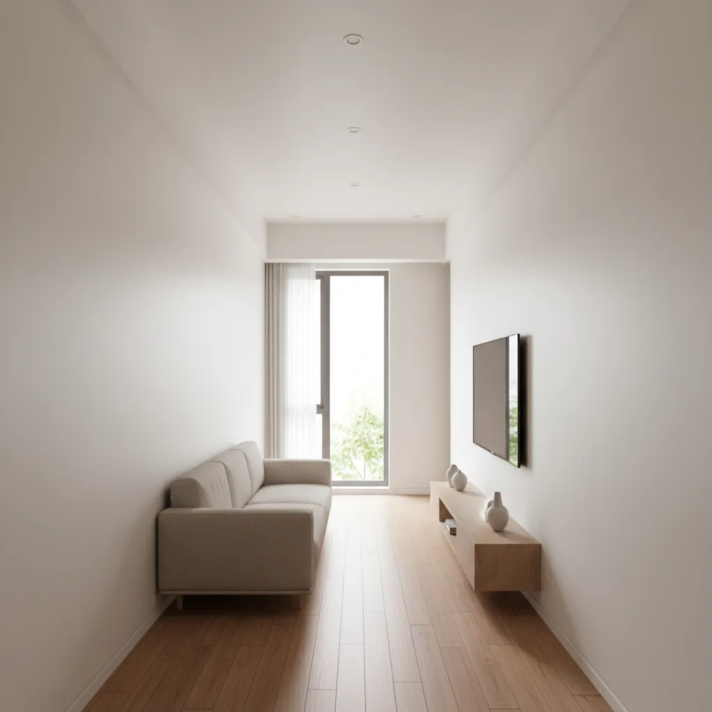 Narrow modern living room featuring beige sofa floating cabinet wall mounted television and balcony window