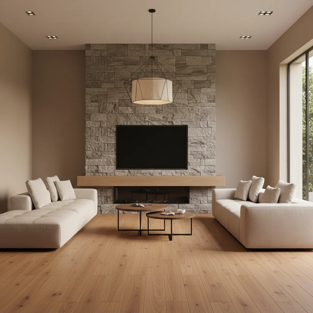 living room layout with television mounted above fireplace and sofa facing focal wall