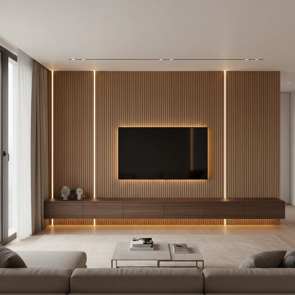 Modern living room with wood wall panel and television above a long dark wood cabinet
