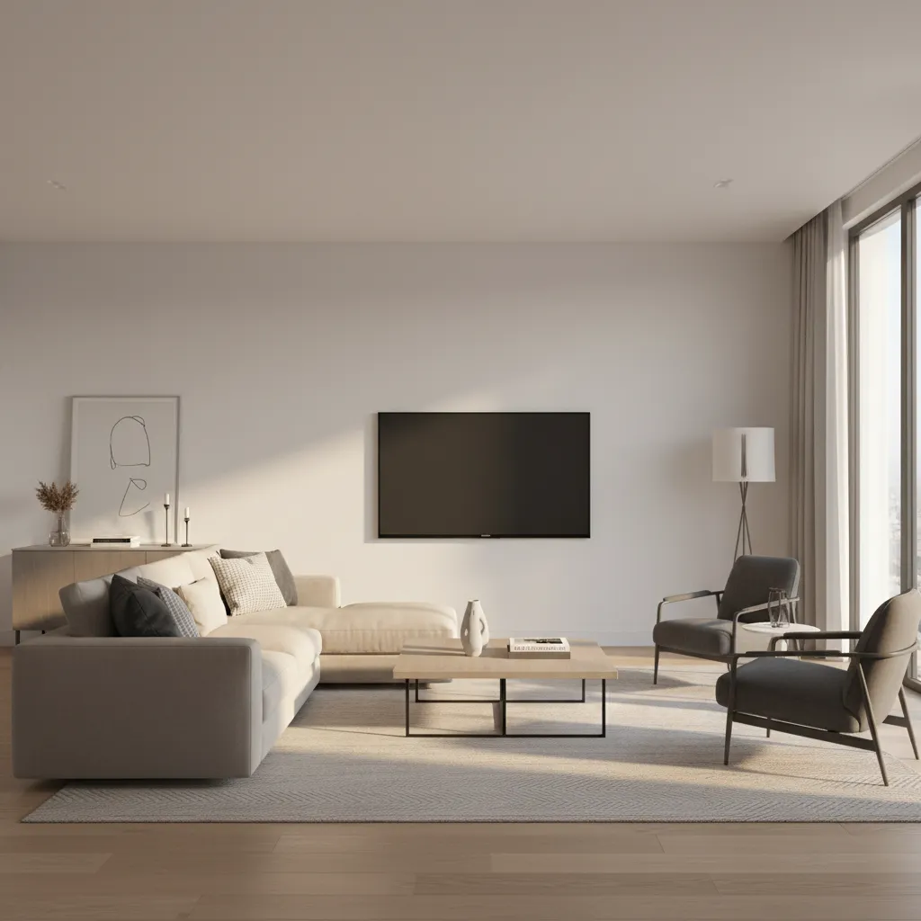 modern living room with large mounted TV feature wall and sofa facing the screen