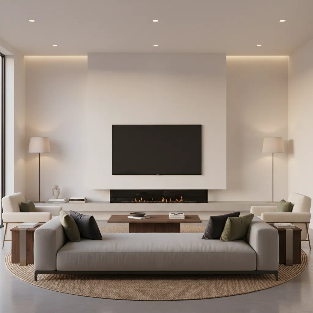 living room showing tv mounted above fireplace with sofa facing both