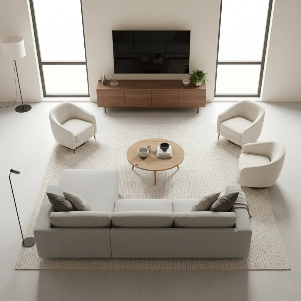 Living room layout showing viewing distance and dresser placement for TV