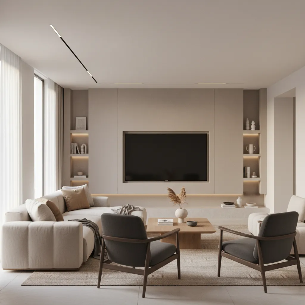 Modern living room with beige sofa dark grey chairs wooden coffee table and large television