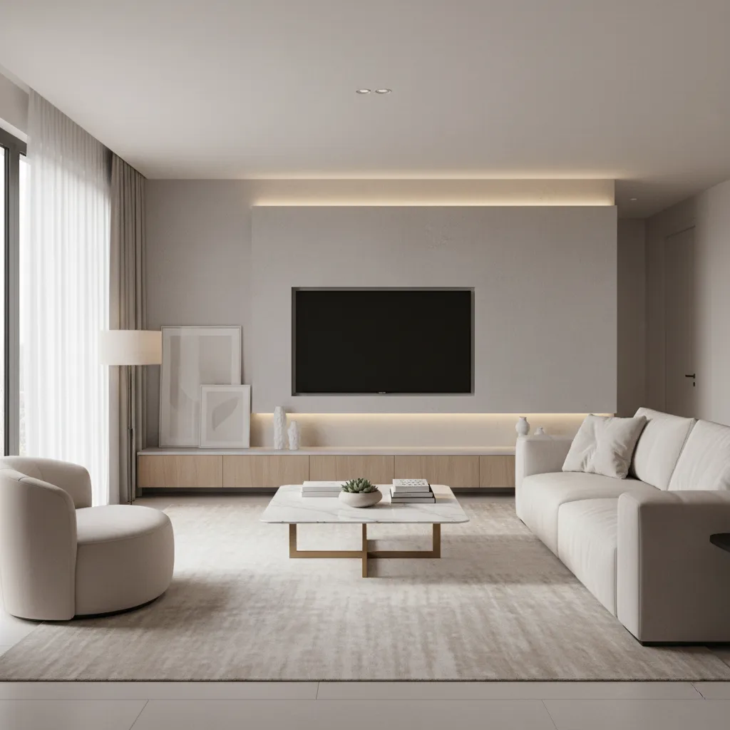 Minimalist living room with cream sofa round armchair and television mounted on a light wall