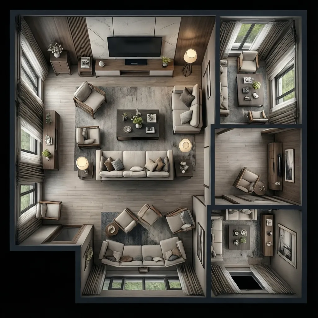 Living room layout planning showing viewing angles and circulation paths