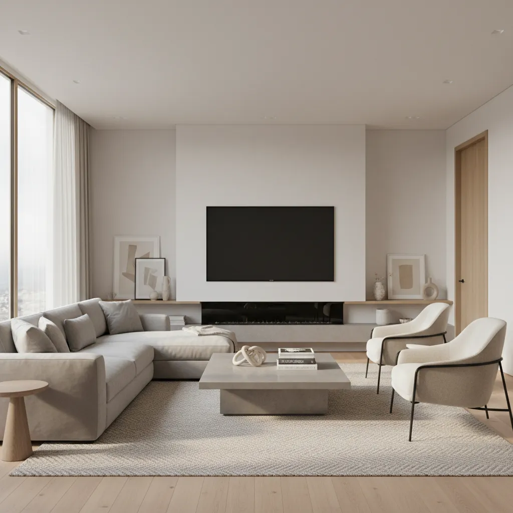 Living room seating layout facing a wall mounted flat screen TV