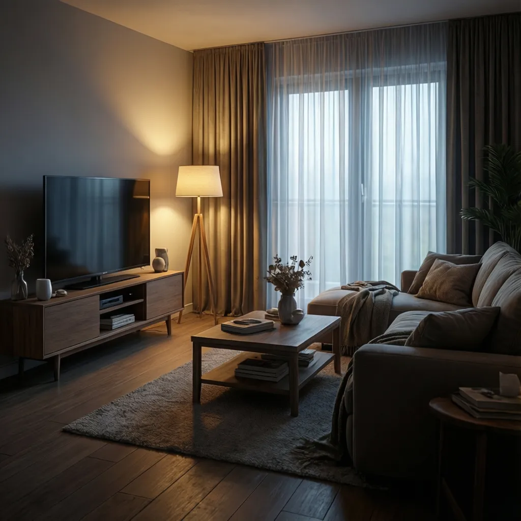 Living room with curtains and soft lighting reducing TV glare
