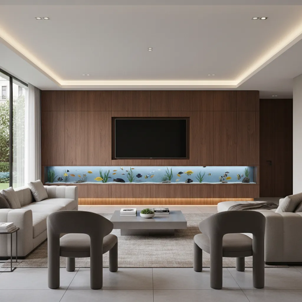 Modern living room featuring a wooden wall, television, long fish tank, grey sofa, and armchairs.