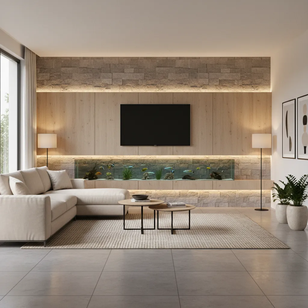 Modern living room with white sofa stone wall television and a long horizontal fish tank