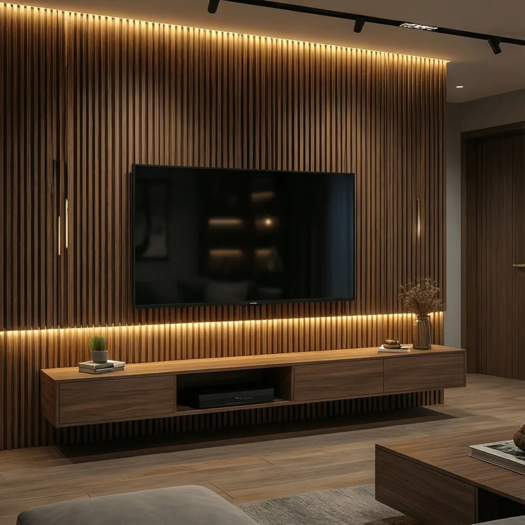 living room tv wall panel with wood slats and floating cabinet