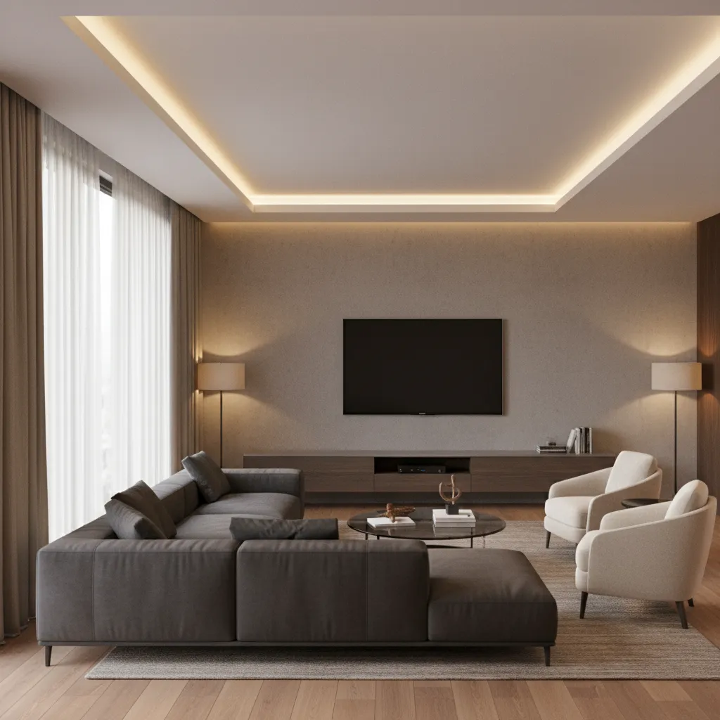 living room layout showing optimal TV viewing distance from sofa