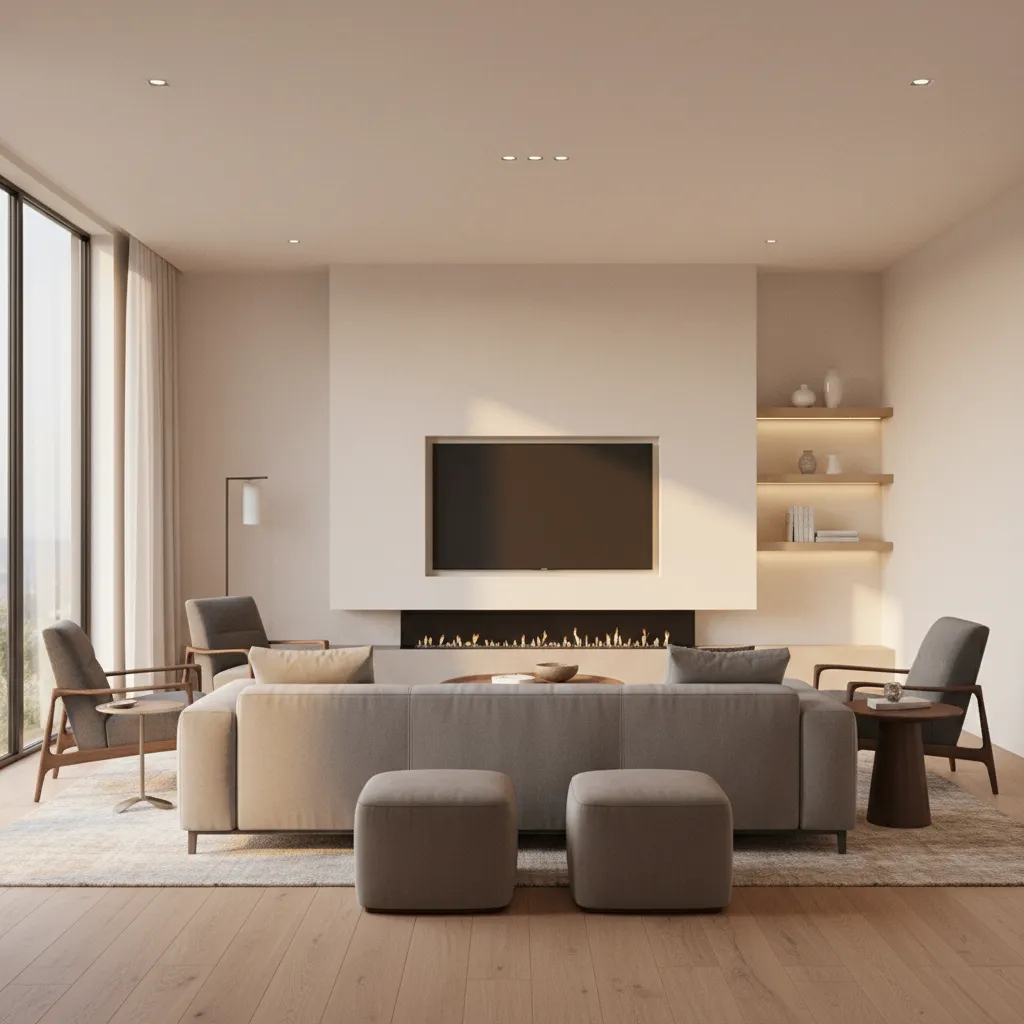 Living room seating distance aligned with TV above fireplace for comfortable viewing