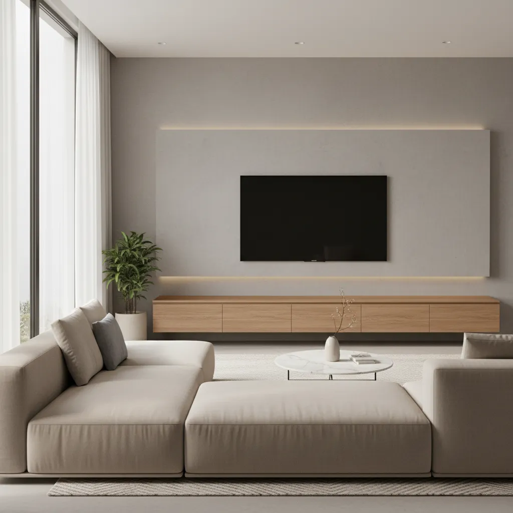 Modern living room with integrated TV wall unit and floating cabinet