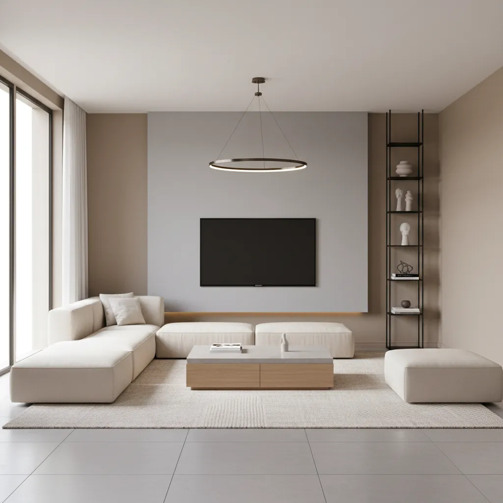 living room seating arrangement facing a wall mounted TV