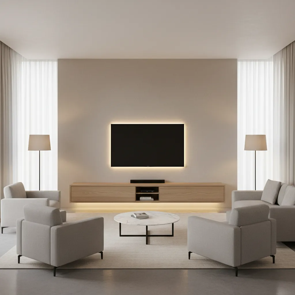 Minimalist living room with backlit TV floating wooden cabinet marble table and grey arm chairs