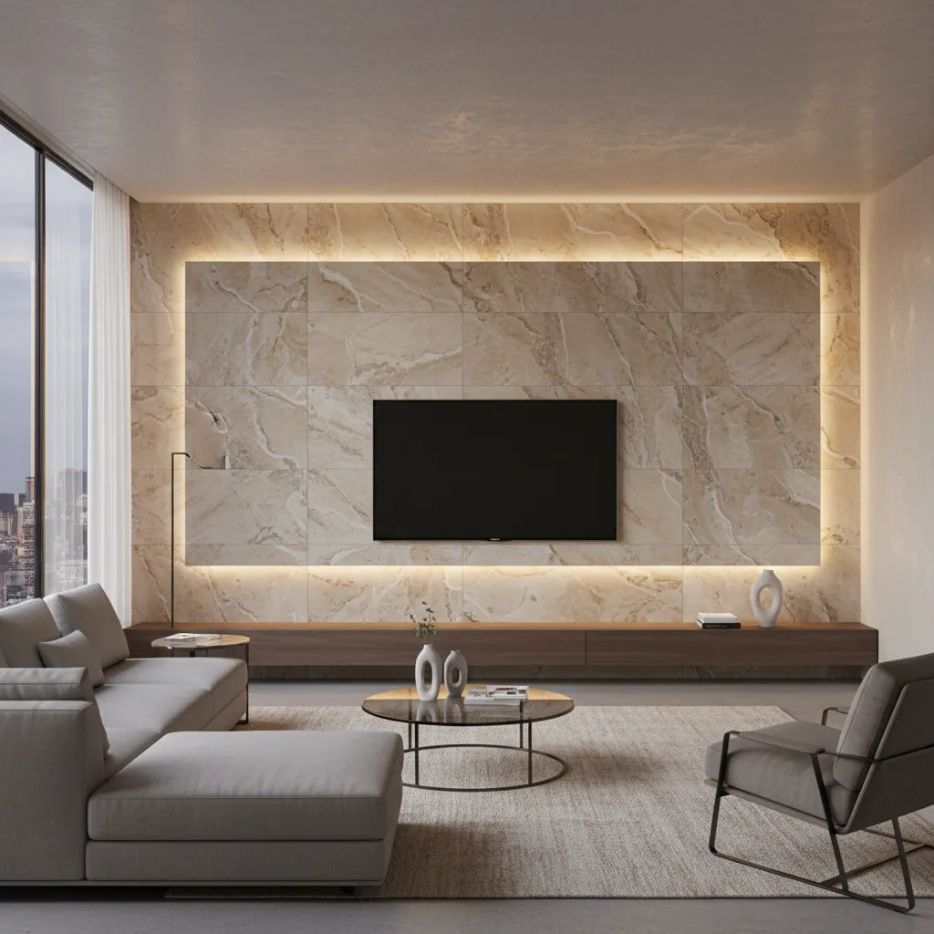 living room TV wall with decorative wall tiles