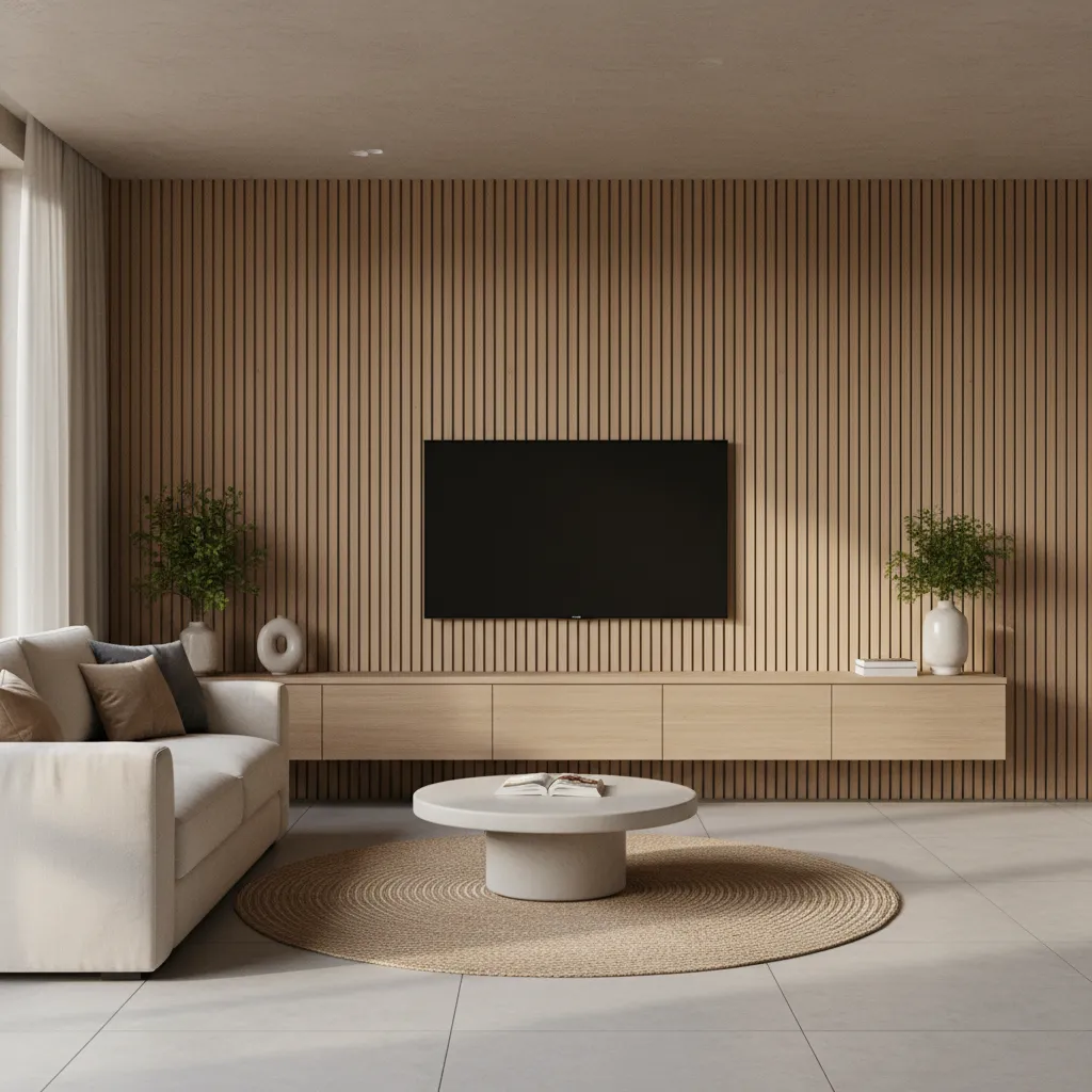 Modern living room with wood slat TV wall and floating media console
