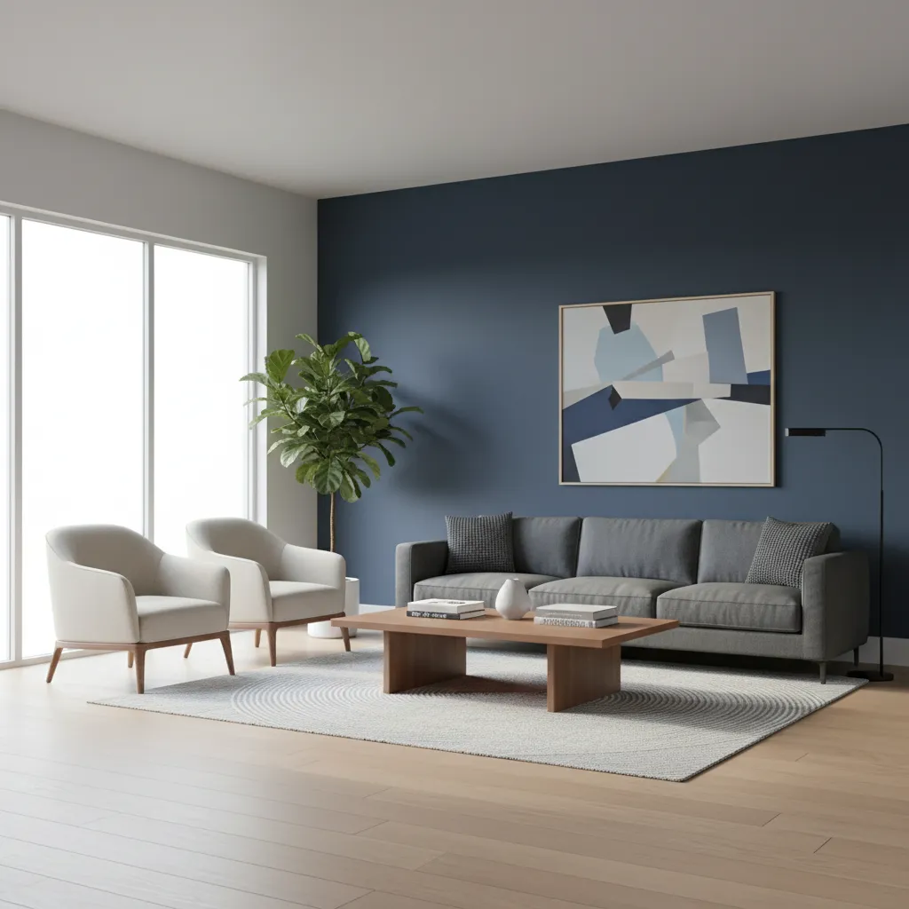 Living room showing balanced two colour wall layout with navy accent wall behind sofa