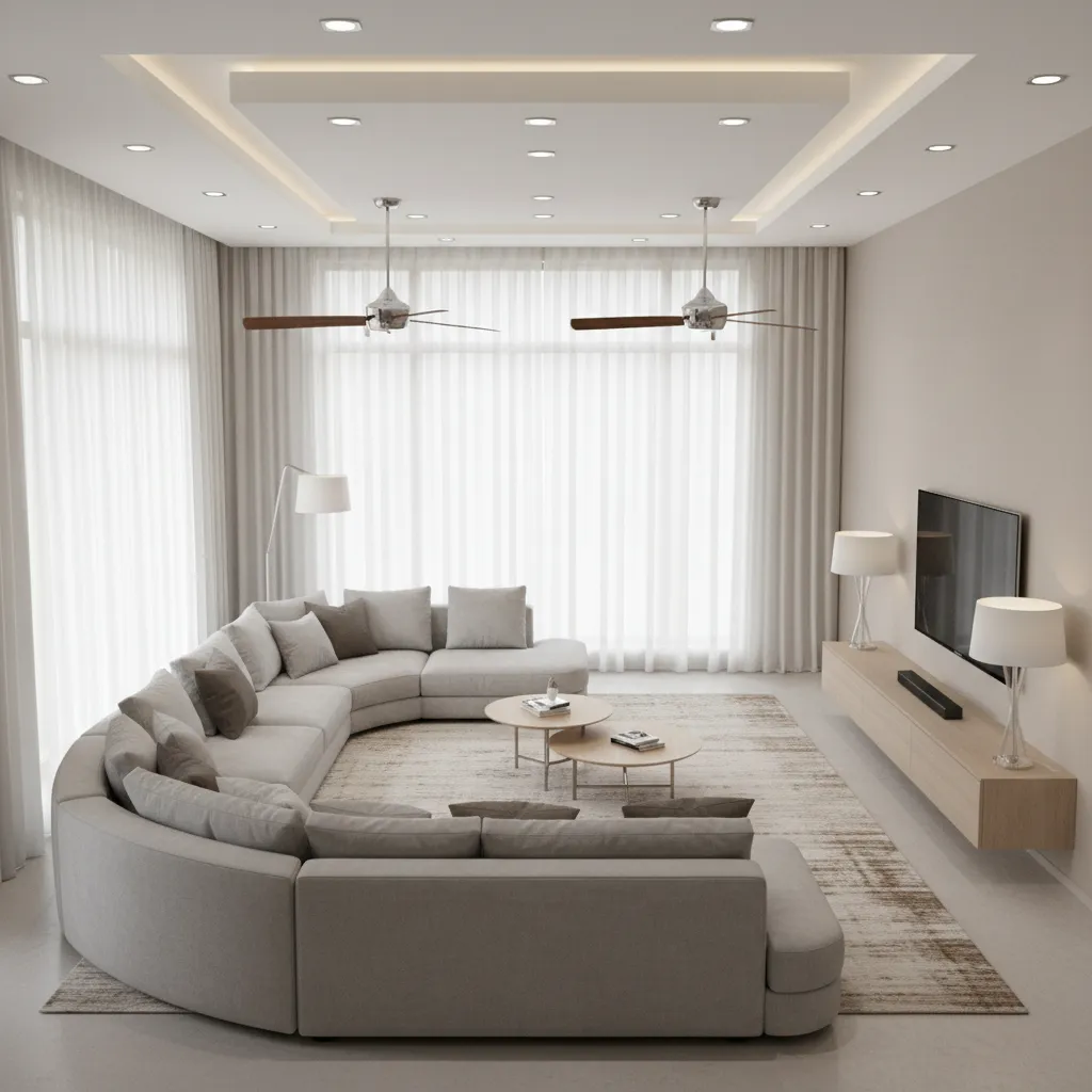 Living room layout showing two ceiling fans aligned with seating area