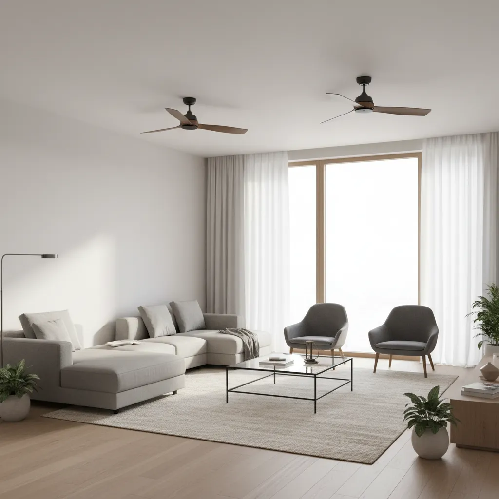 living room ceiling with two evenly spaced ceiling fans