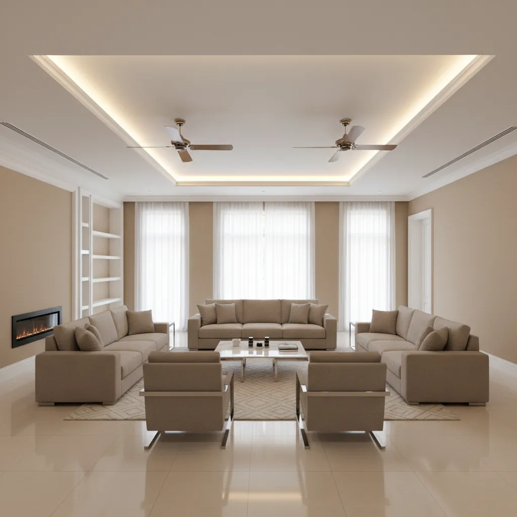 large living room hall with symmetrical false ceiling and two ceiling fans