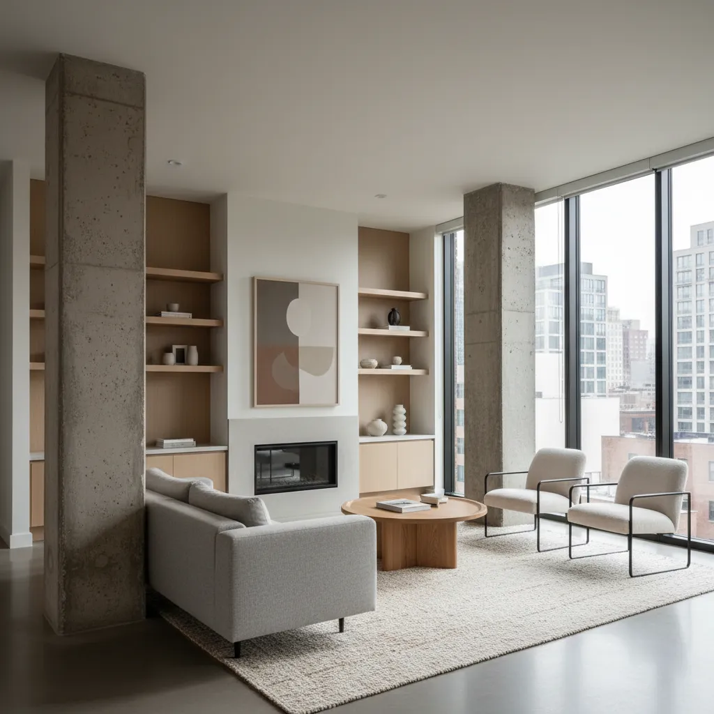 Living hall showing two structural pillars affecting furniture layout