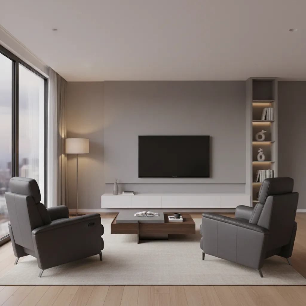 Living room floor layout showing two recliners positioned for conversation