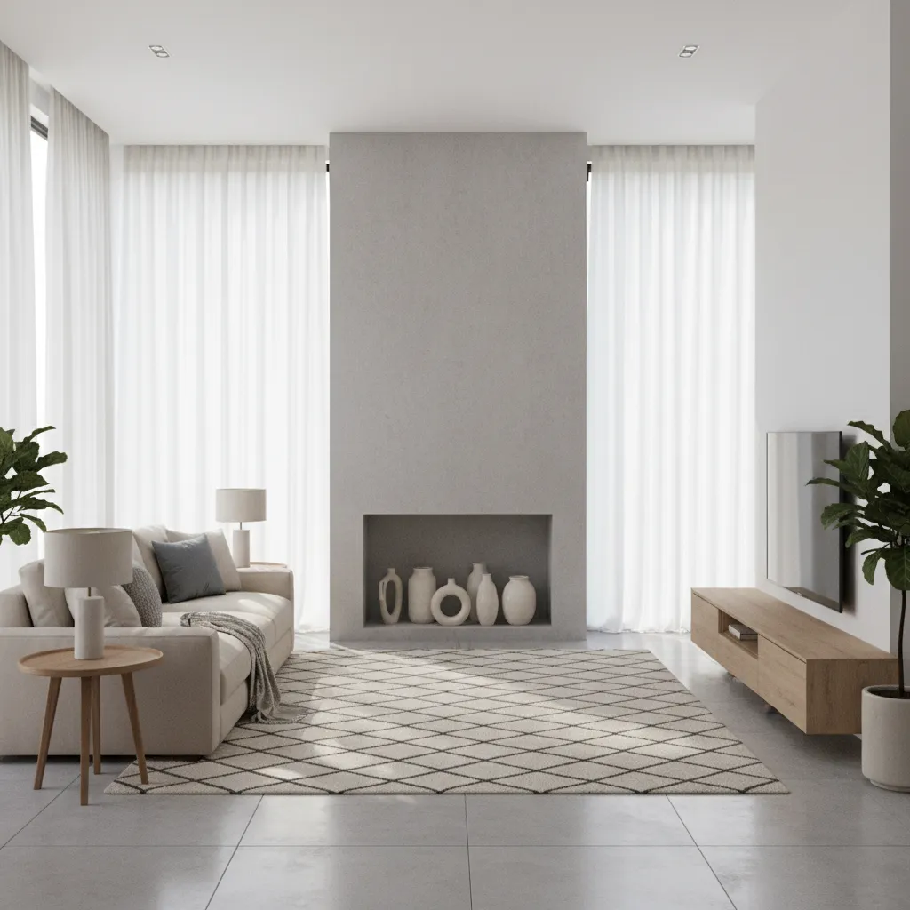 living room interior with decorated unused fireplace focal wall