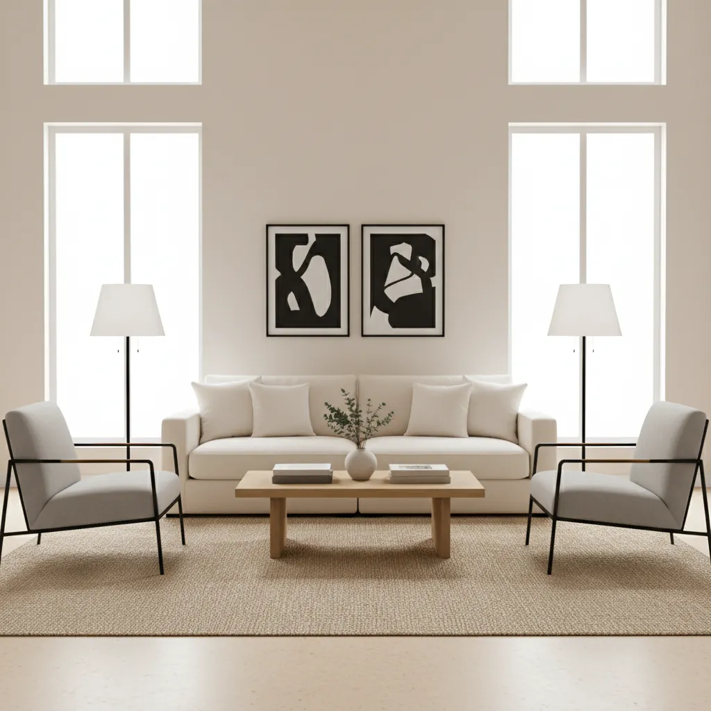 Living room showing symmetrical chairs and balanced furniture arrangement