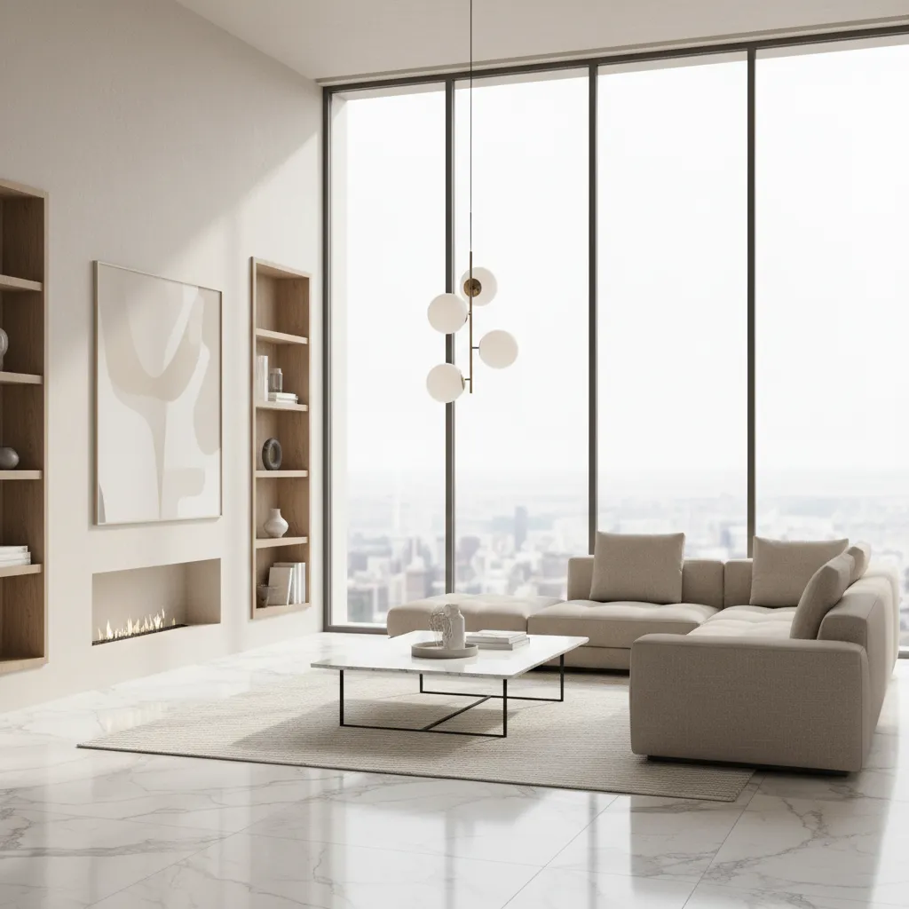 Minimalist living room with glossy vitrified tile flooring and modern furniture