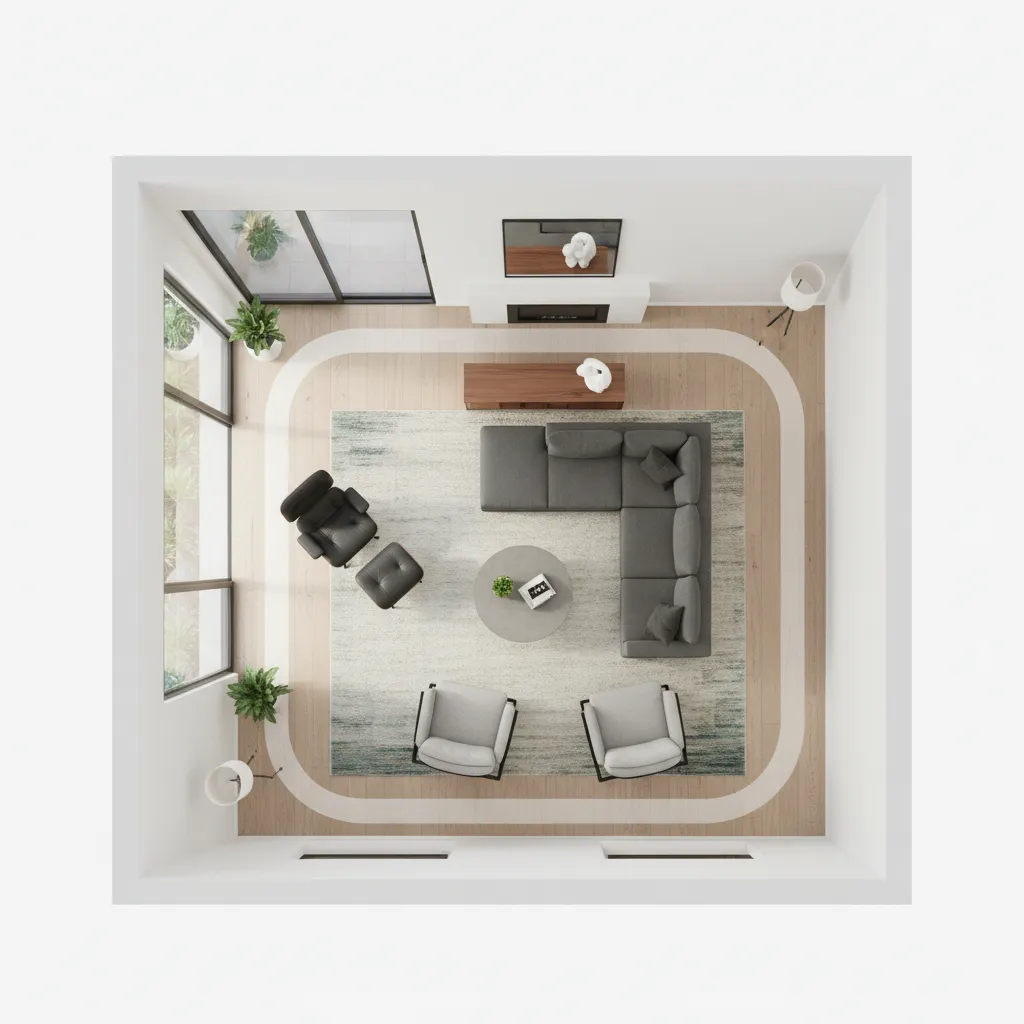 Living room furniture layout showing clear walkways and circulation paths