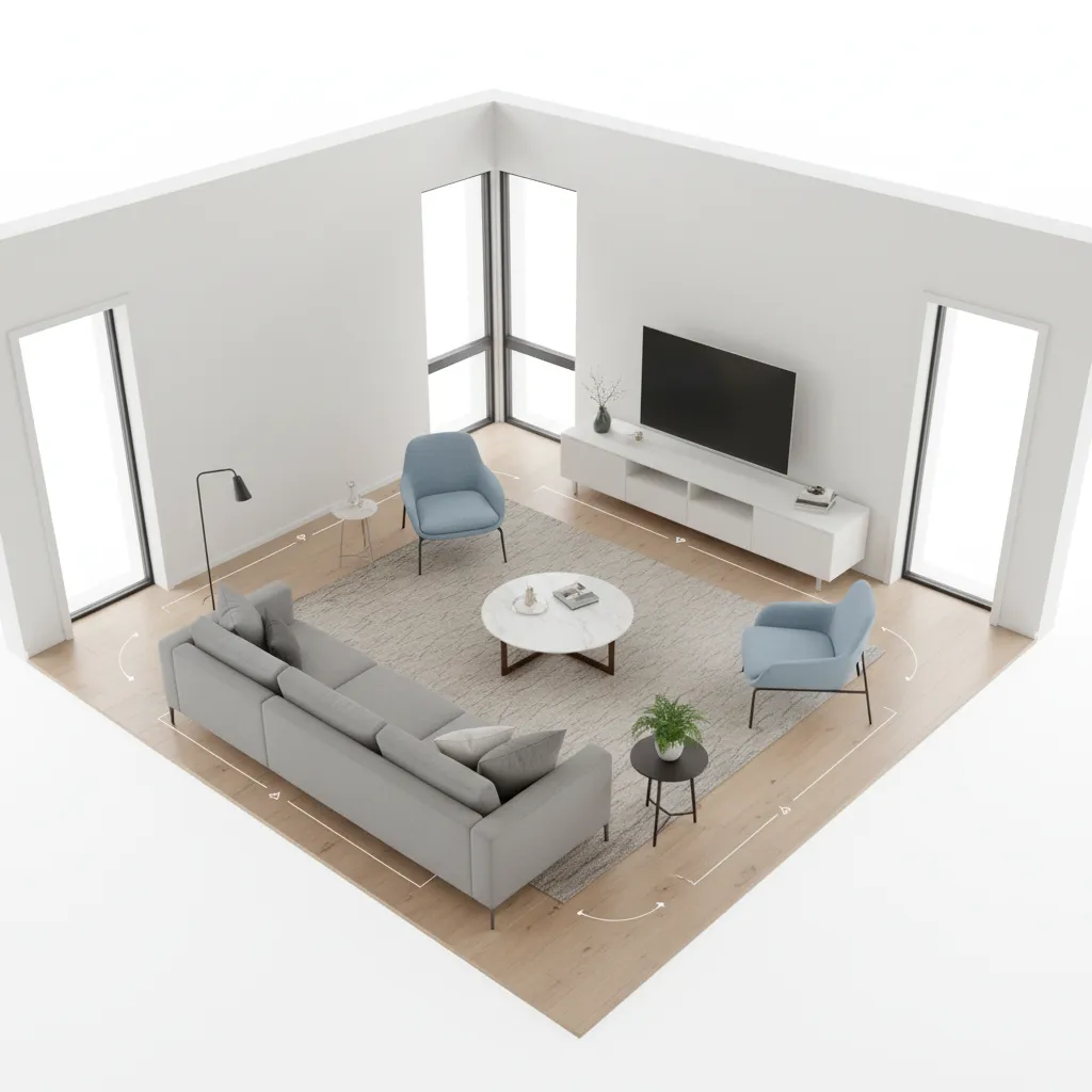 living room layout showing clear walking paths around furniture