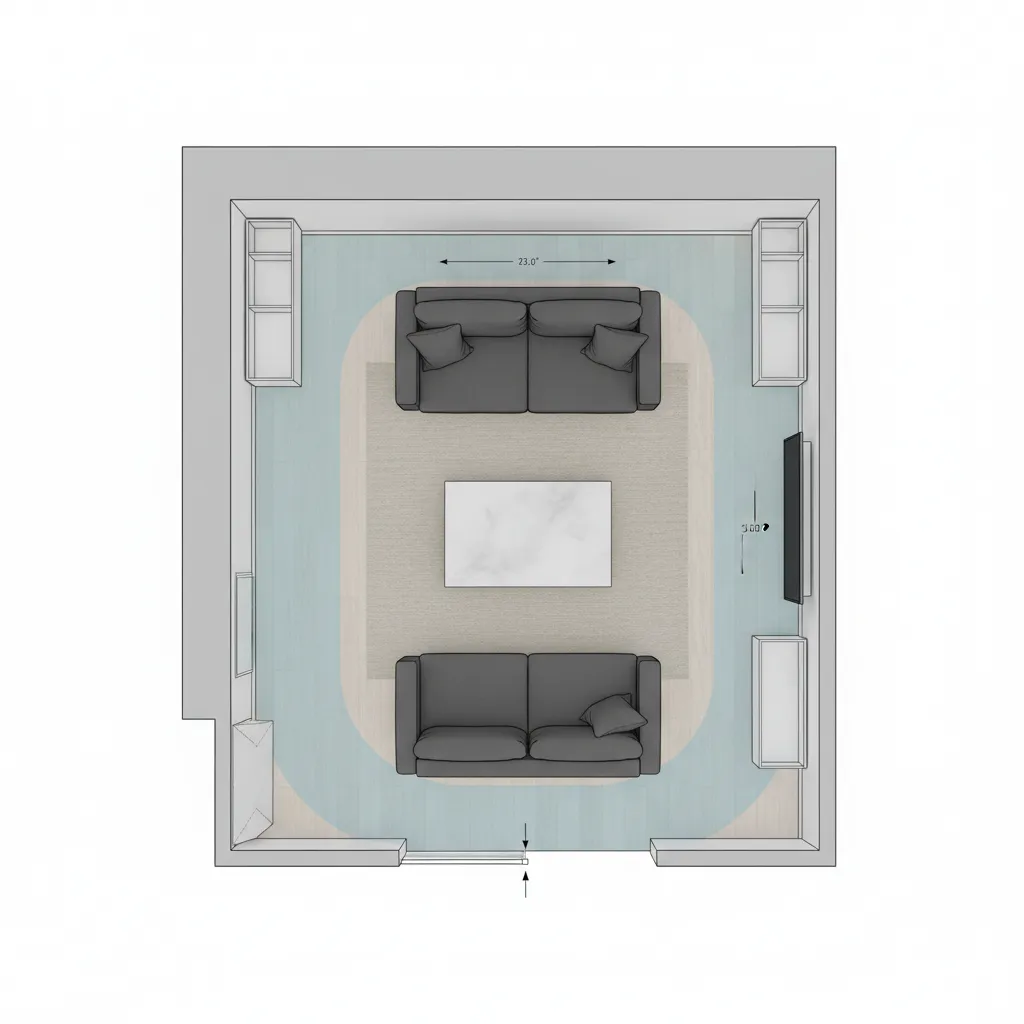 Living room layout showing clear walkway circulation path around sofa and table