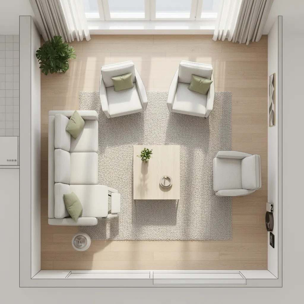 Living room layout showing walking clearance around reclining sofa
