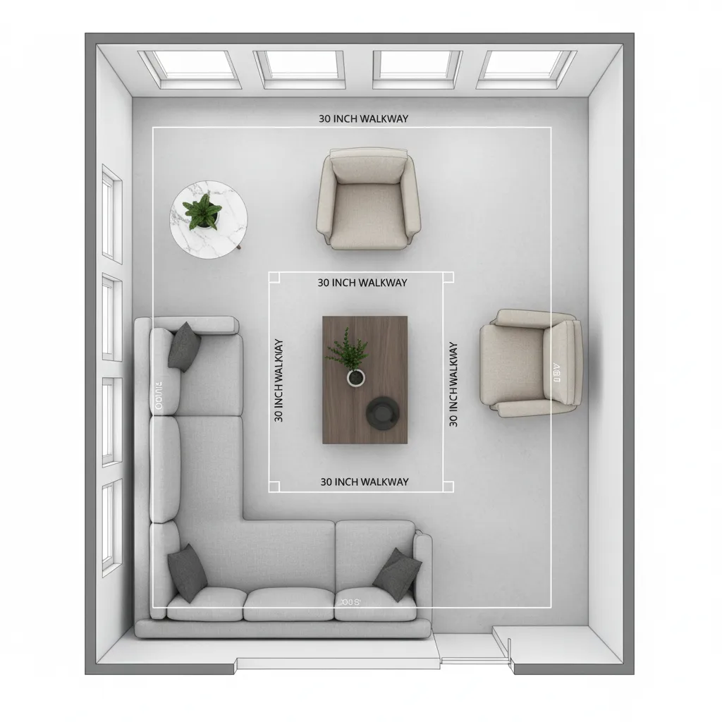 living room layout diagram showing clear 30 inch walkways around furniture