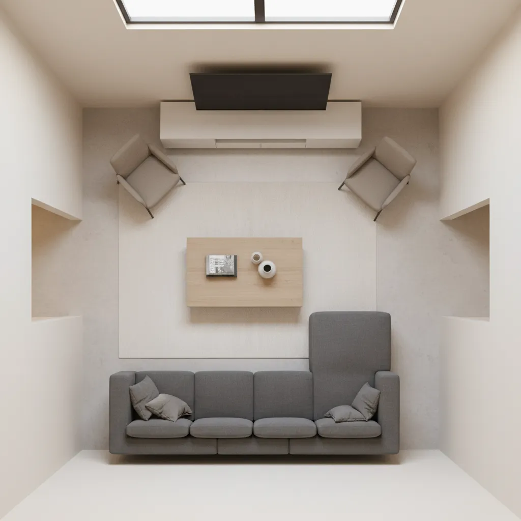 Living room layout diagram showing blocked walkway caused by furniture placement