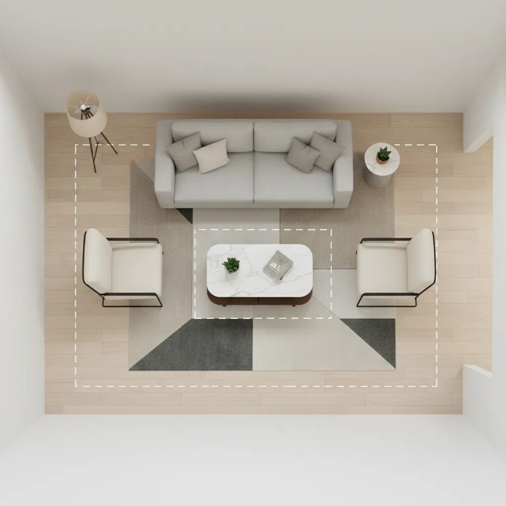 Living room layout showing clear furniture spacing and walking paths
