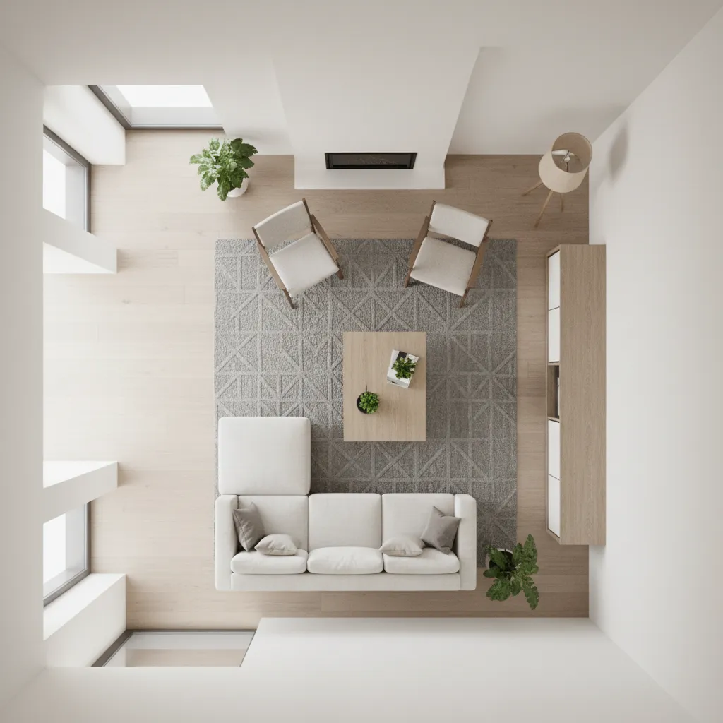 living room layout showing clear walking path around furniture