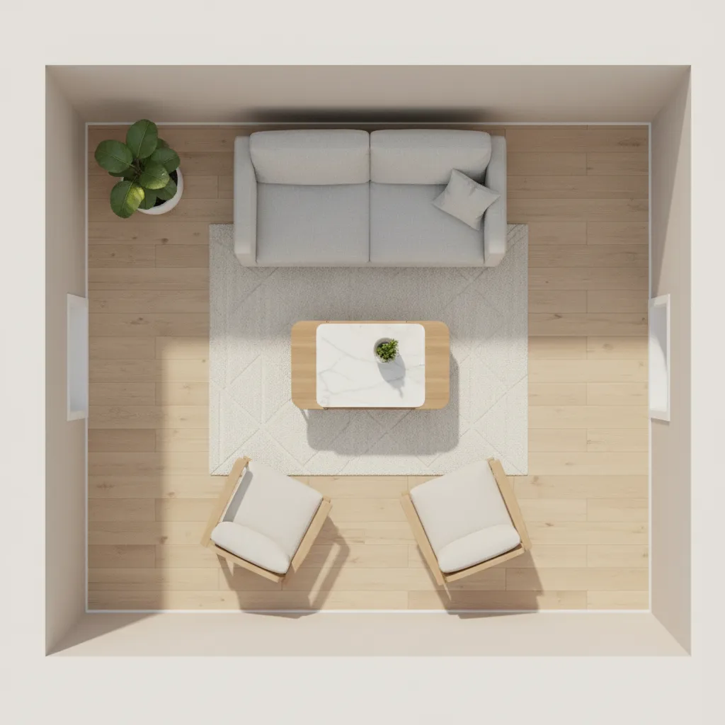 living room layout showing walkway spacing around sofa and coffee table