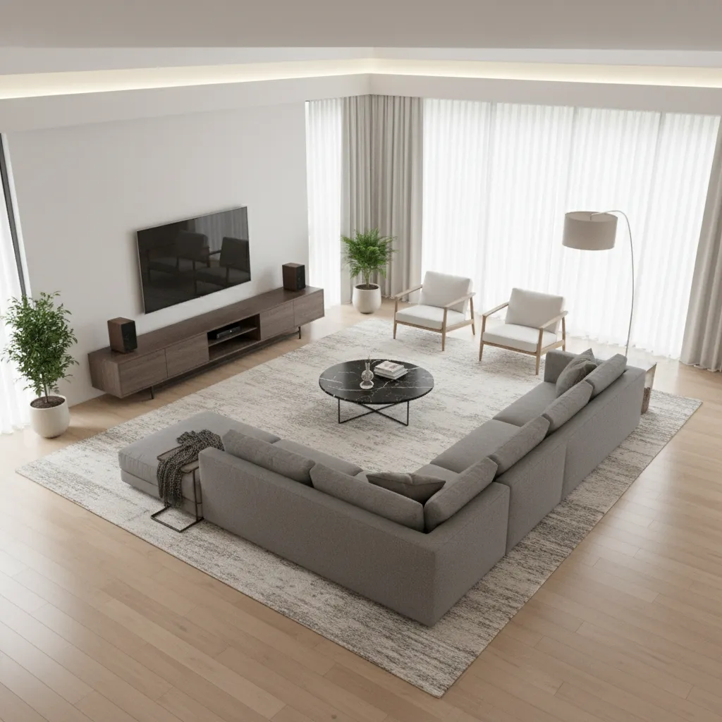 Living room layout showing clear walkways around seating furniture