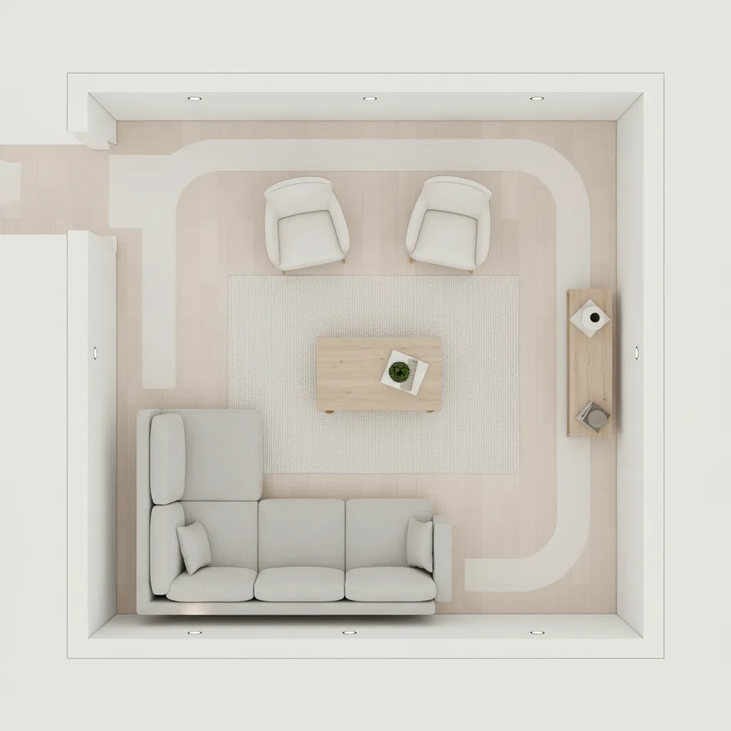 Living room furniture layout showing recommended walkway spacing