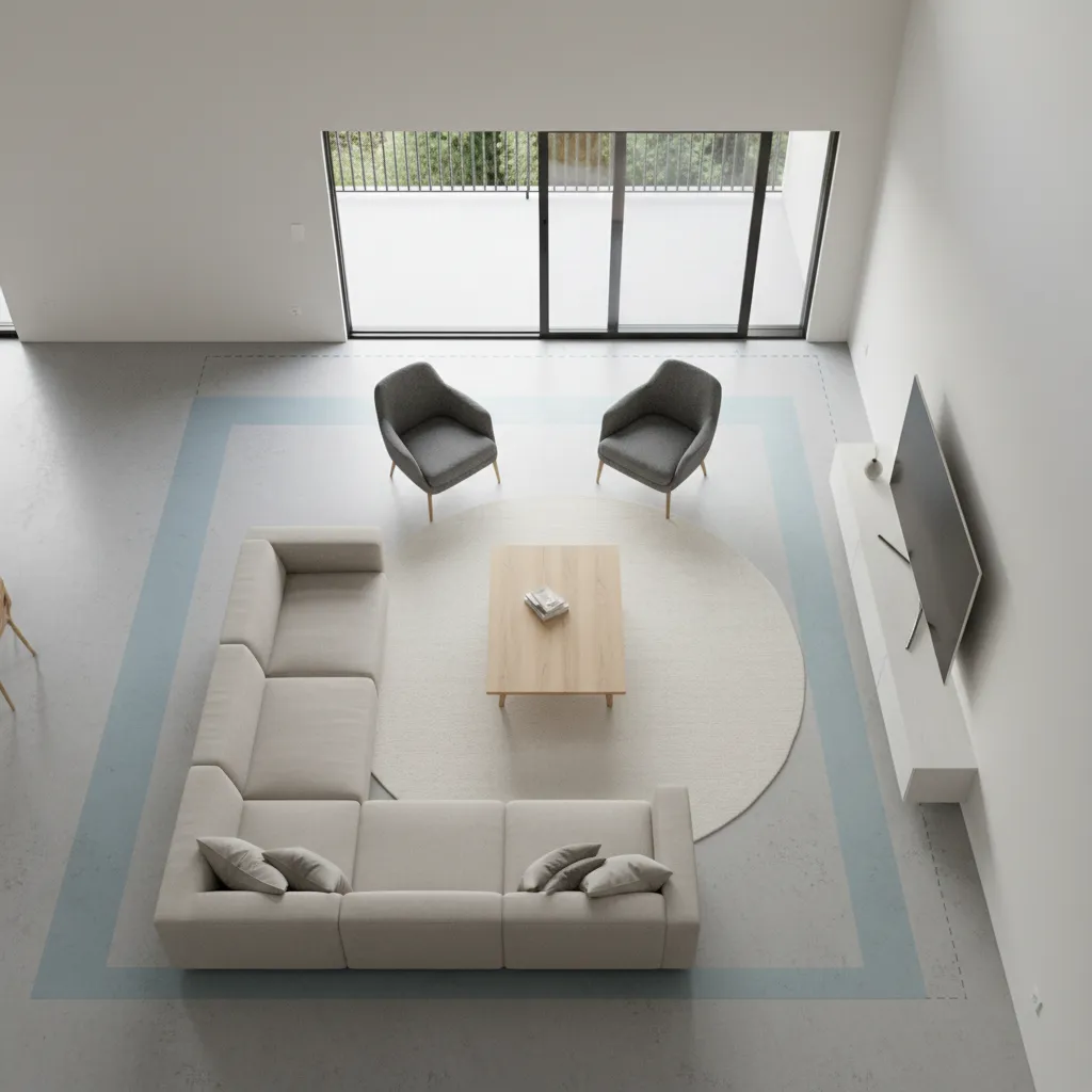 Living room layout highlighting recommended walkway spacing between furniture