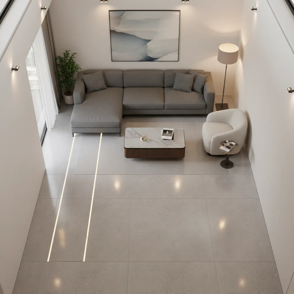 Interior layout illustrating recommended walkway width in narrow living room