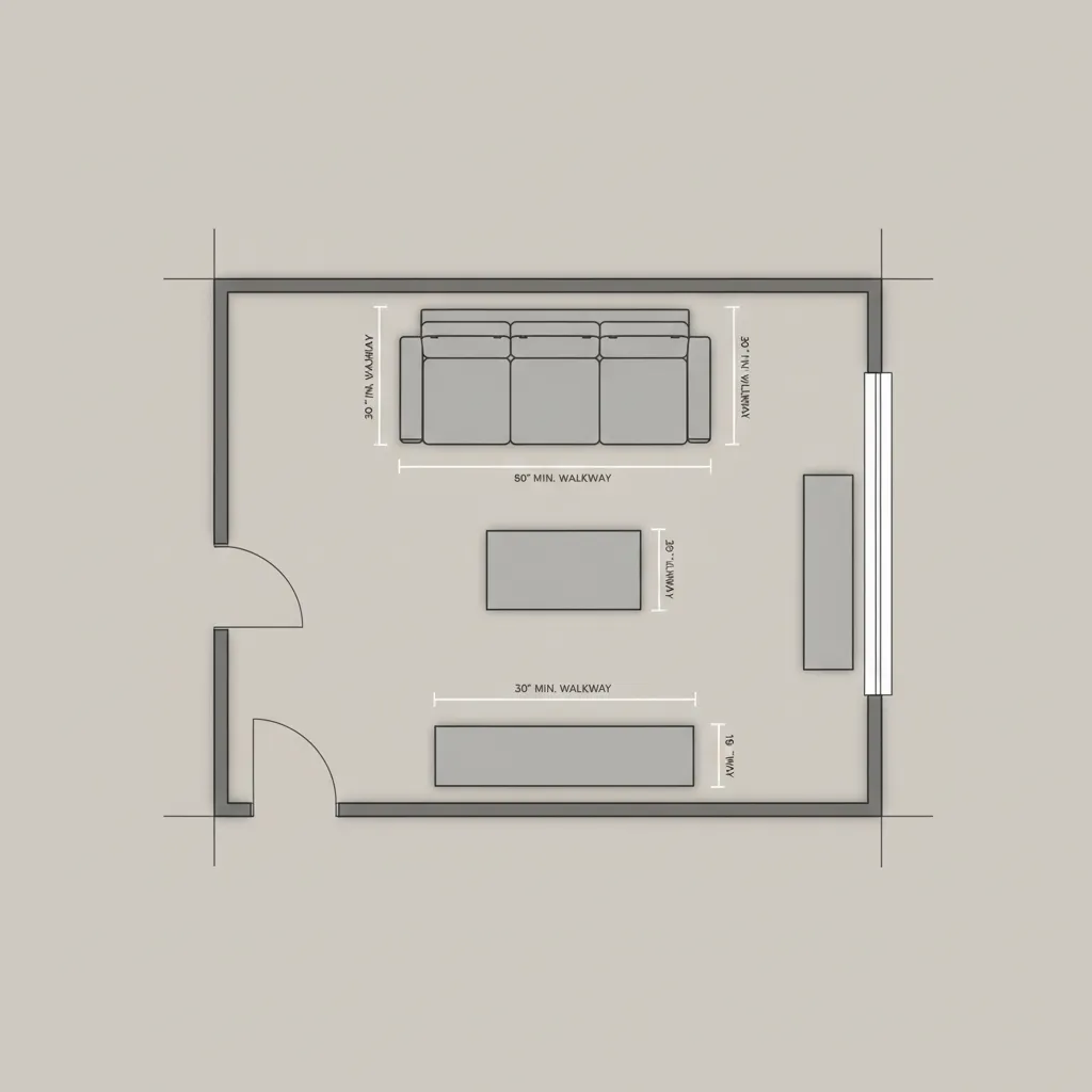 living room layout diagram showing recommended walkway clearances