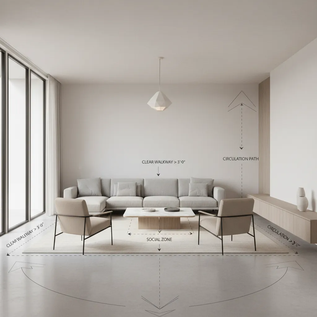 living room furniture spacing showing ideal walkway distances