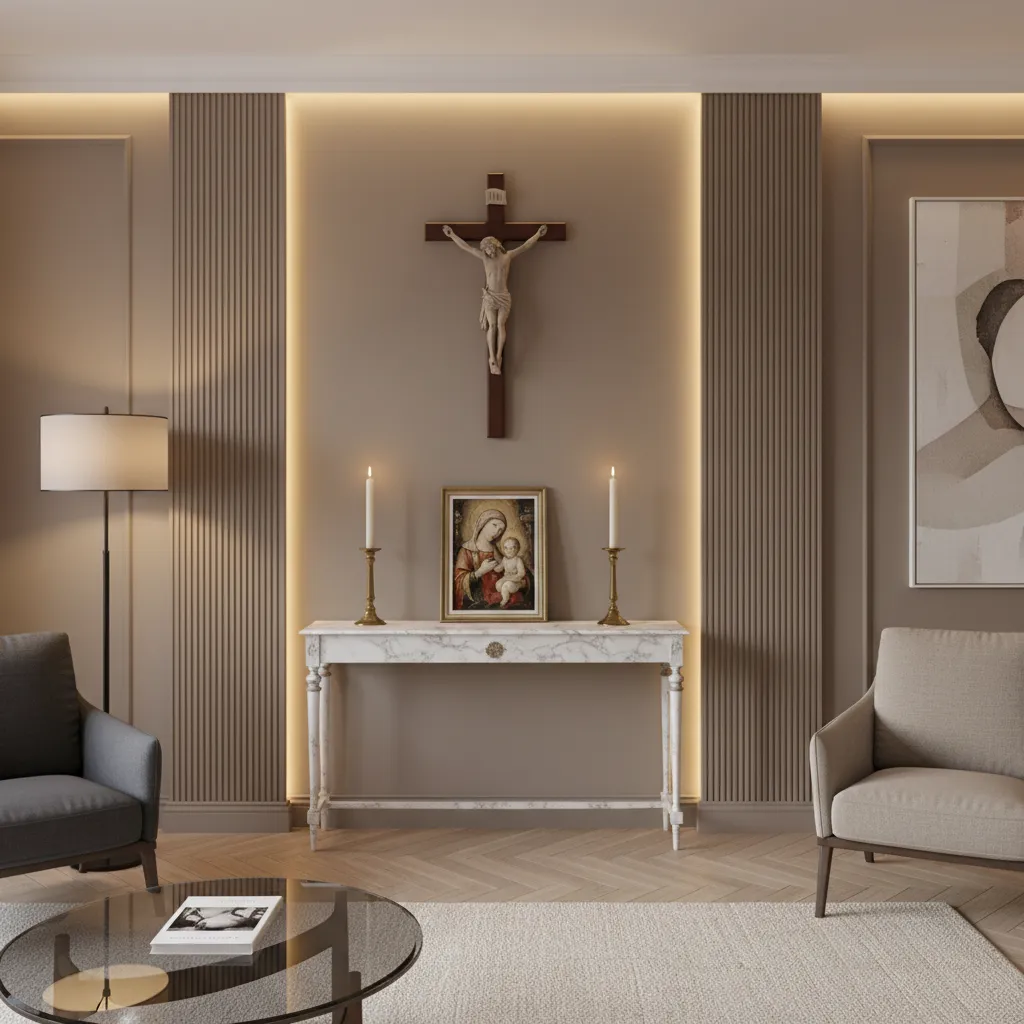 Catholic wall altar layout with crucifix candles and framed sacred art