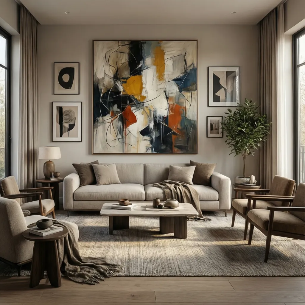 Large abstract colorful wall painting hanging above beige sofa in a modern neutral living room