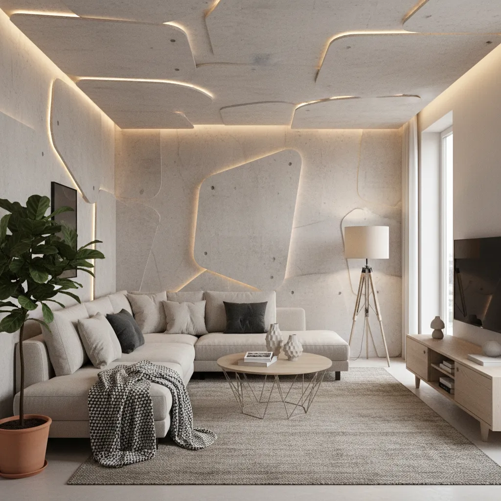 Living room where wall texture continues into ceiling design