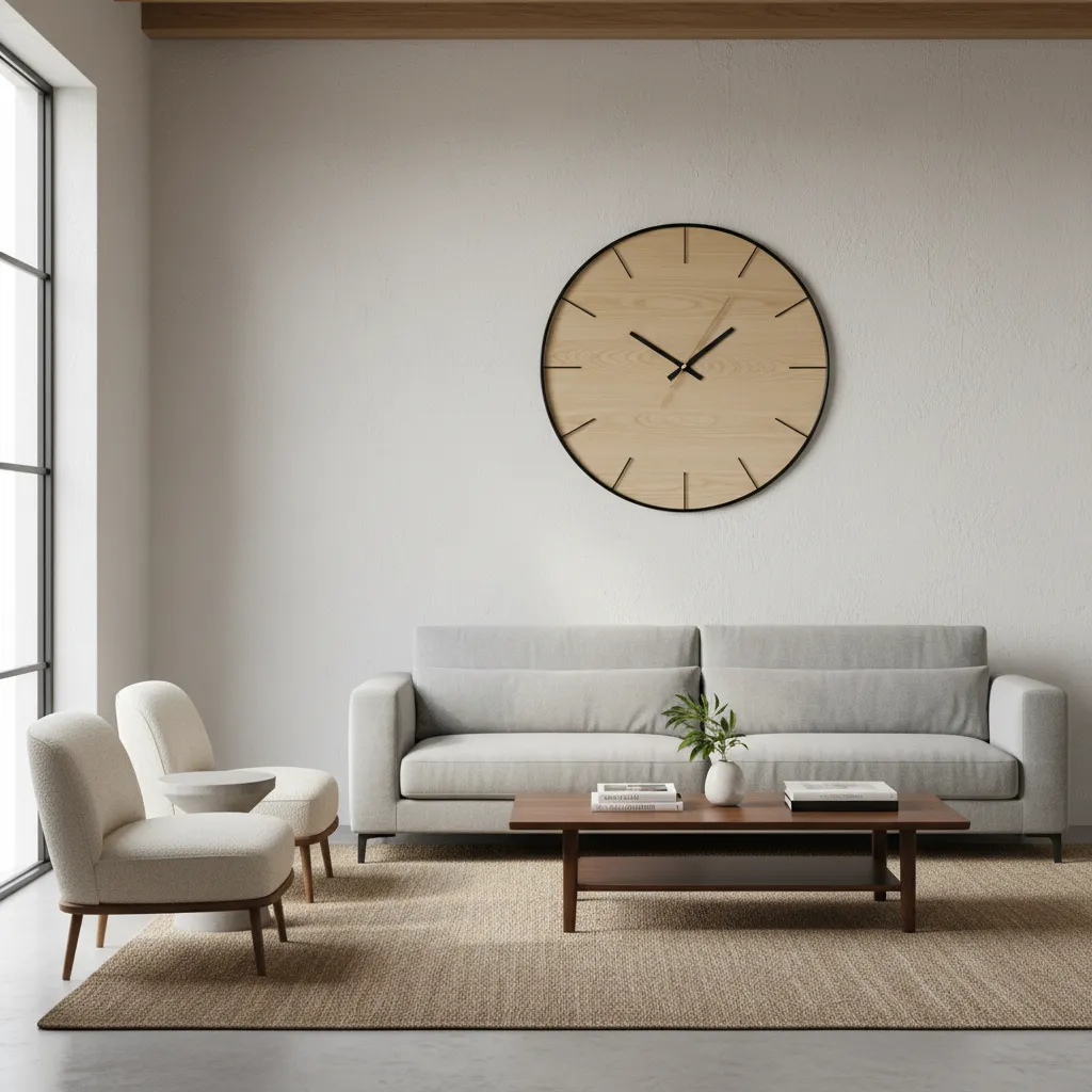 Living room with large wall clock visible above sofa with balanced daylight